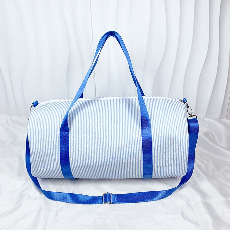 Foreign Trade Hot Selling Buersucker Crossbody Bag Pillow Handbag Modern Simple Striped Foldable Travel Bag Beach Bag Light blue