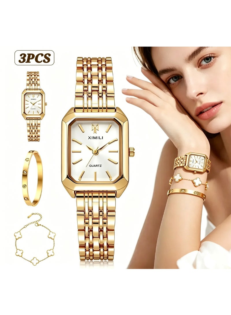 XIMILI Women Fashion Watch Metal Case Band Luxury Analog Wrist Watch Glittering Quartz Watch and Gold Bracelet Set - Image 1