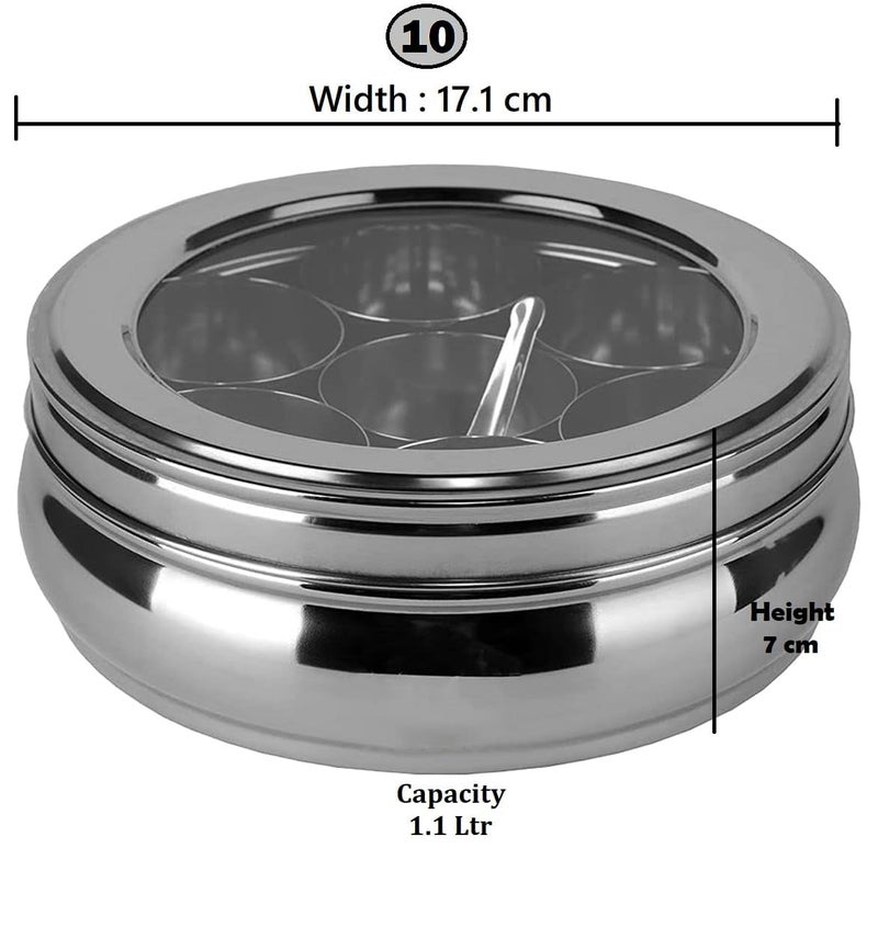 INKULTURE Stainless Steel Masala Box For Kitchen, Belly Shaped And Capacity 1.1 Liter | Spice Box/Masala Dabba/Namak Dani With See Through Lid, 07 Containers And Spoon | Anjarai Petti,Silver - Image 4