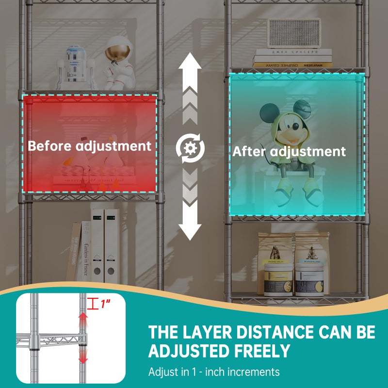 SINGAYE 5 Tier Shelf Wire Shelving Adjustable Storage Shelves Rack Standing Units for Kitchen Closet Laundry Bathroom Organizers Metal Pantry Narrow Mesh Gaps 10" D x 16" W x 55" H Gray - Image 3