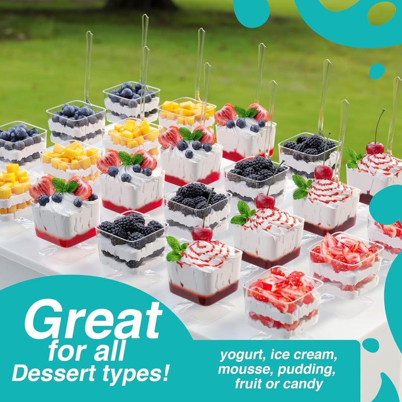 Exquisite Mini Dessert Cups With Spoons 400 Pcs  2 Oz Square Clear Plastic Pudding Cups Disposable With Tasting Spoons 200 Sets  Mini Parfait Cup  Appetizer Cup For Party  Events - Image 5