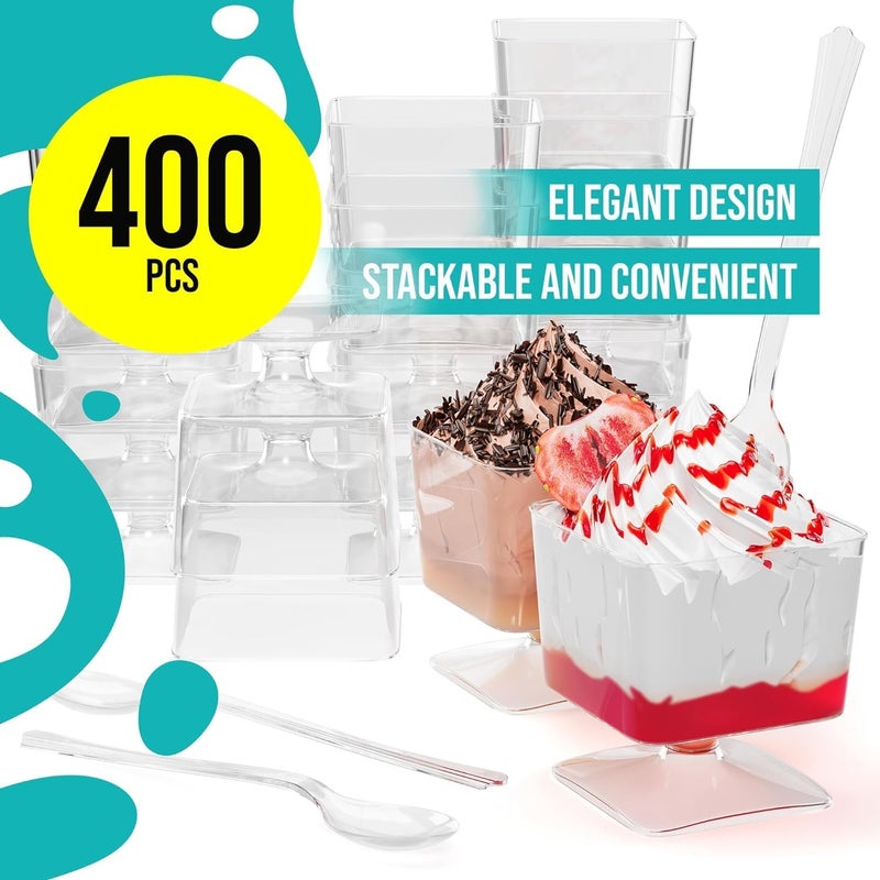 Exquisite Mini Dessert Cups With Spoons 400 Pcs  2 Oz Square Clear Plastic Pudding Cups Disposable With Tasting Spoons 200 Sets  Mini Parfait Cup  Appetizer Cup For Party  Events - Image 3