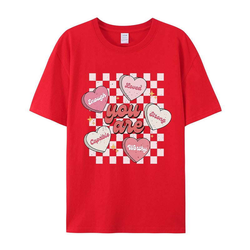 Unisex T-Shirt With Checkered Heart Print, Short-Sleeve Women'S Top, Loose Fit, Round Neck, 3D Stereo Print - Image 1