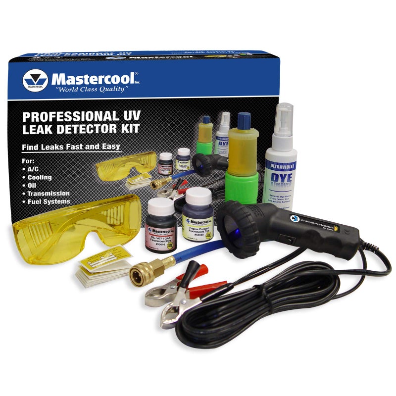 Mastercool 53351 Professional UV Leak Detection Kit - 12V High-Intensity Light - Detects A/C, Coolant, Fuel, Oil, ATF Leaks - Includes Universal Dyes, Glasses, R134a & R12 Compatible