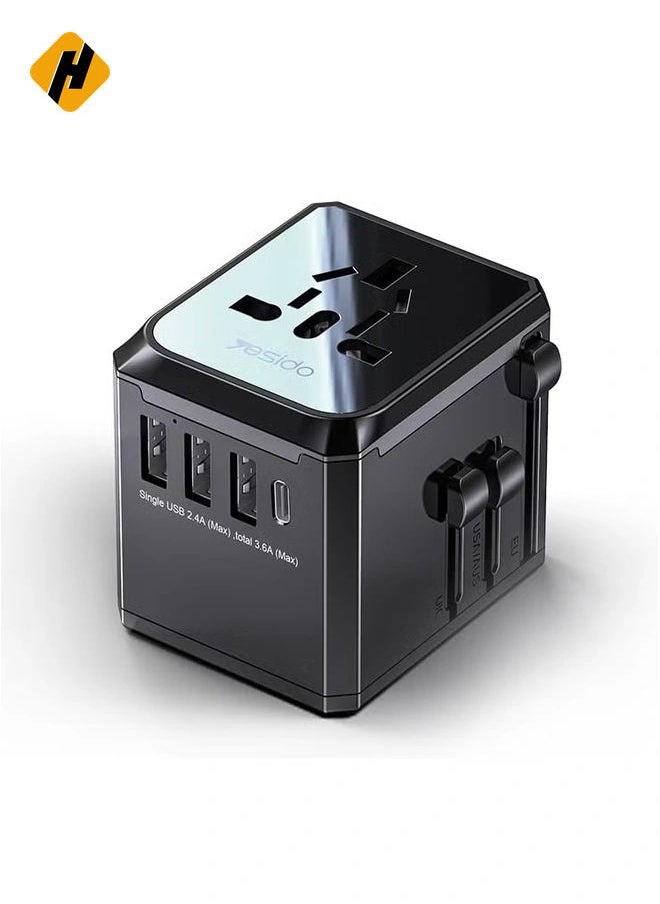 HuHa Yesido MC-10 3 USB + Type-C Ports Multi-function Universal Travel Adapter Plug (Black)  - Image 2