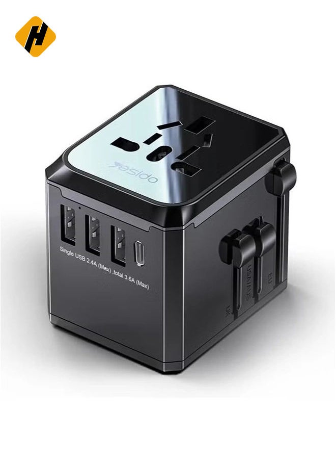 HuHa Yesido MC-10 3 USB + Type-C Ports Multi-function Universal Travel Adapter Plug (Black)  - Image 1