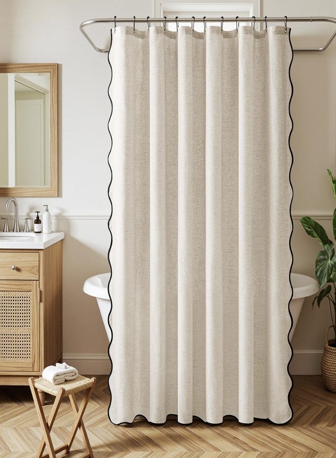 MIULEE Linen Scalloped Cream Shower Curtain with 12 Metal Hooks Boho Farmhouse Cute Heavy Duty Washable Waterproof Thick Cloth Shower Curtains with Black Border for Bathroom Hotel,W72*L72, Natural - Image 2