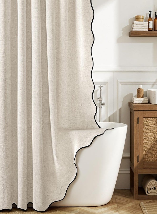 MIULEE Linen Scalloped Cream Shower Curtain with 12 Metal Hooks Boho Farmhouse Cute Heavy Duty Washable Waterproof Thick Cloth Shower Curtains with Black Border for Bathroom Hotel,W72*L72, Natural - Image 1