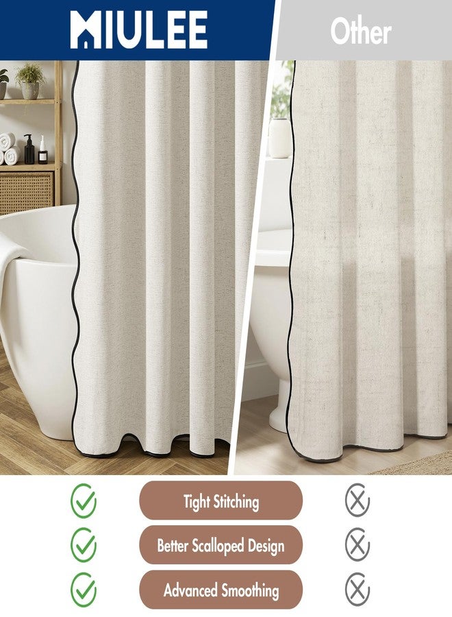 MIULEE Linen Scalloped Cream Shower Curtain with 12 Metal Hooks Boho Farmhouse Cute Heavy Duty Washable Waterproof Thick Cloth Shower Curtains with Black Border for Bathroom Hotel,W72*L72, Natural - Image 3