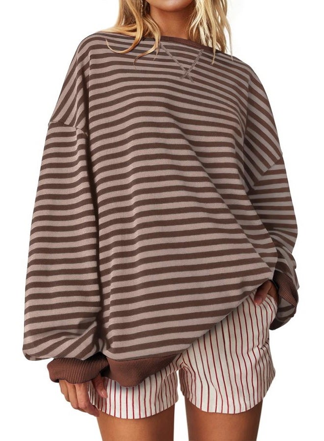 UEU Women Oversized Striped Crewneck Sweatshirt Long Sleeve Color Block Pullover Tops Casual Loose Workout Shirt, Brown Coffee Stripe, XL - Image 1