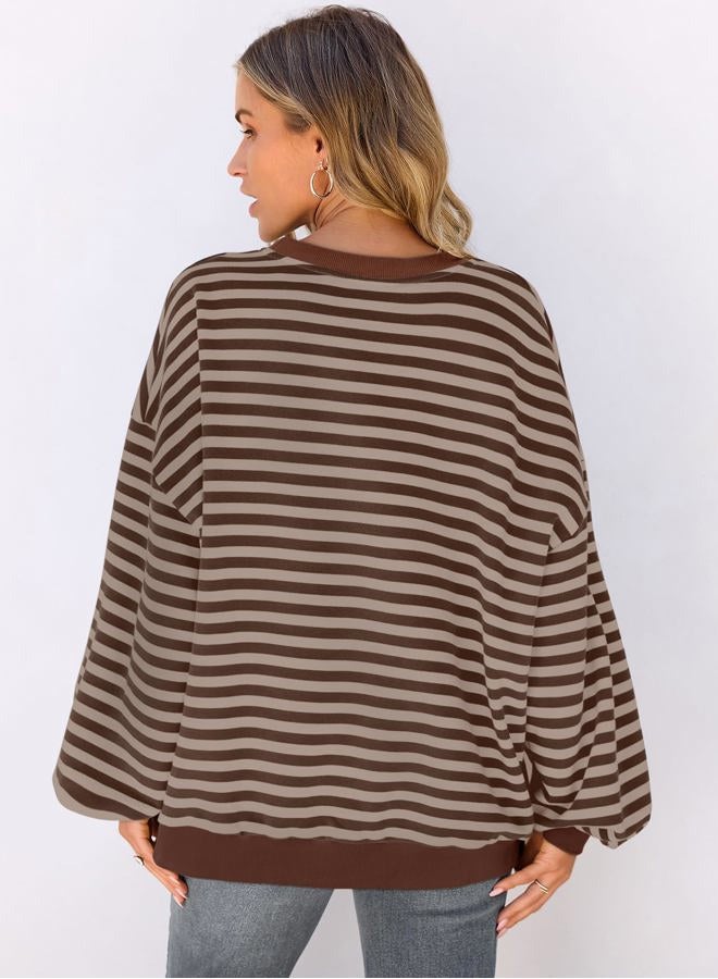 UEU Women Oversized Striped Crewneck Sweatshirt Long Sleeve Color Block Pullover Tops Casual Loose Workout Shirt, Brown Coffee Stripe, XL - Image 4