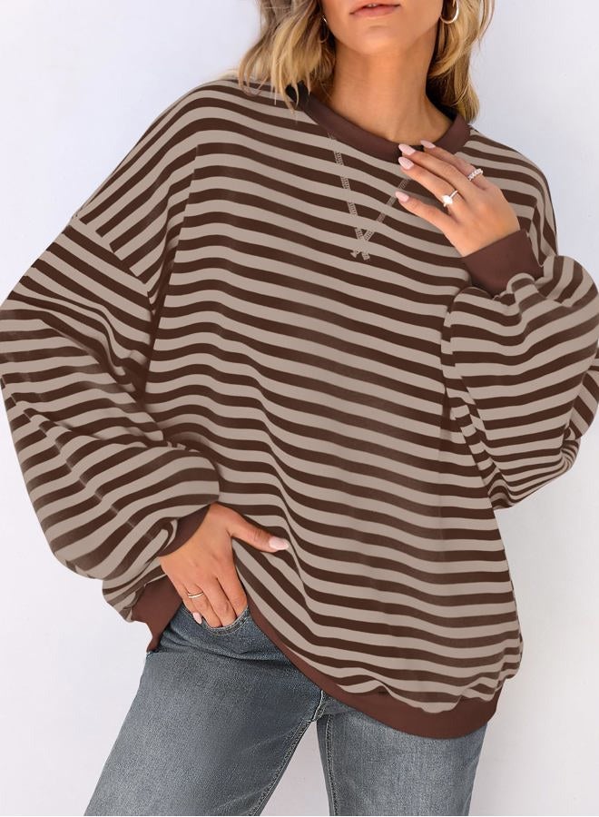 UEU Women Oversized Striped Crewneck Sweatshirt Long Sleeve Color Block Pullover Tops Casual Loose Workout Shirt, Brown Coffee Stripe, XL - Image 2