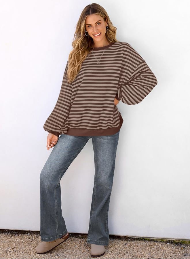 UEU Women Oversized Striped Crewneck Sweatshirt Long Sleeve Color Block Pullover Tops Casual Loose Workout Shirt, Brown Coffee Stripe, XL - Image 5