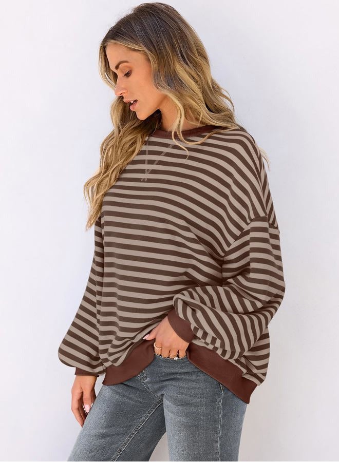 UEU Women Oversized Striped Crewneck Sweatshirt Long Sleeve Color Block Pullover Tops Casual Loose Workout Shirt, Brown Coffee Stripe, XL - Image 3