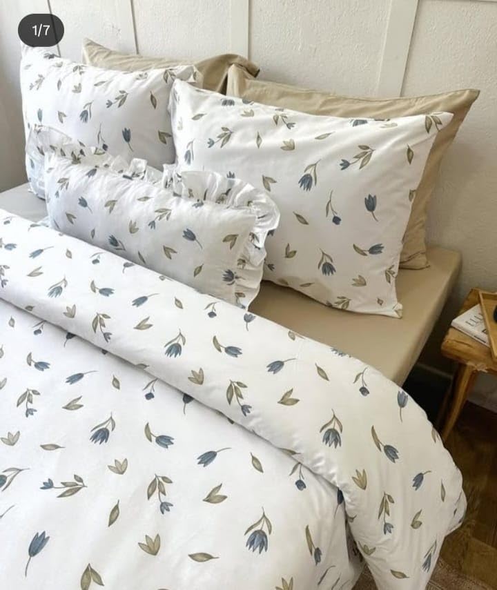 Luxury Amreya Cotton Bed Set, Floral Pattern, Size 240 * 240 cm, 5 Piece Bed Sheet with 2 Pillow and 2 Pillowcases, White with Grey Patterns