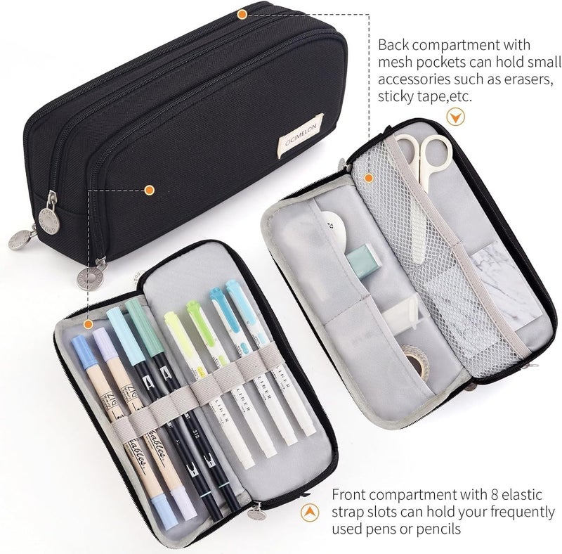 CICIMELON Large Capacity Pencil Case 3 Compartment Pouch Pen Bag for School Teen Girl Boy Men Women, Black, Lightweight,travel - Image 3
