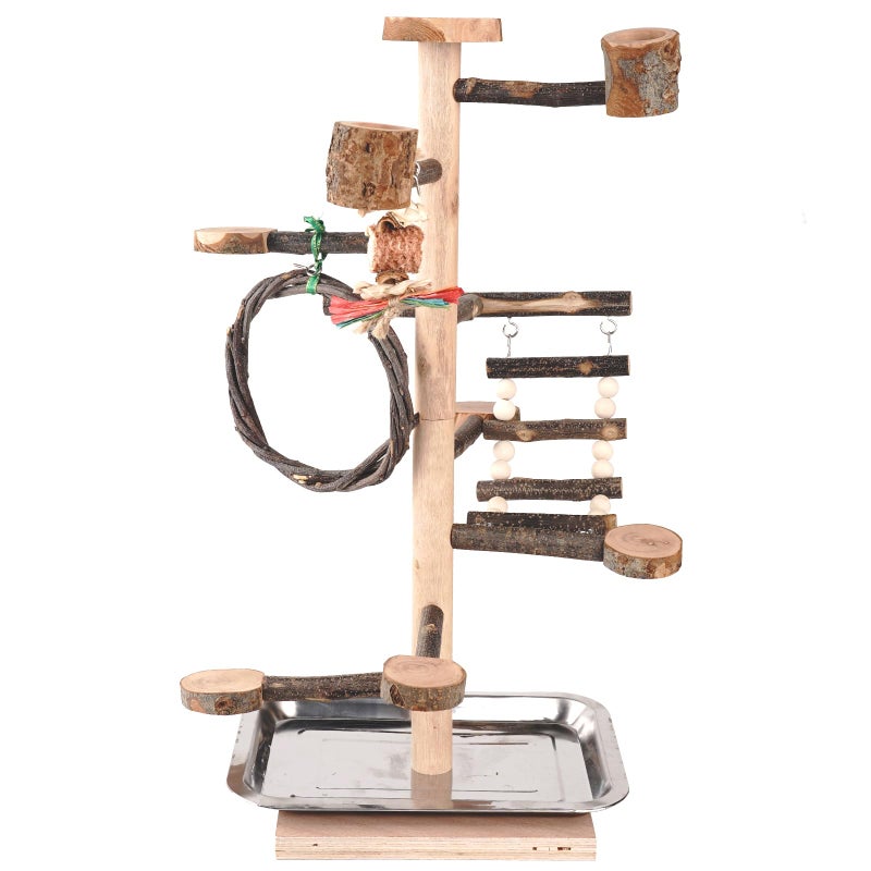 HOSUKKO Bird Playground Parrots Play Stand Wood Perches Stand Bird Gym Playpen Platform Ladder with Feeder Cups for Cockatiels Budgies Lovebirds Brown - Image 2