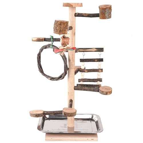 HOSUKKO Bird Playground Parrots Play Stand Wood Perches Stand Bird Gym Playpen Platform Ladder with Feeder Cups for Cockatiels Budgies Lovebirds Brown - Image 1