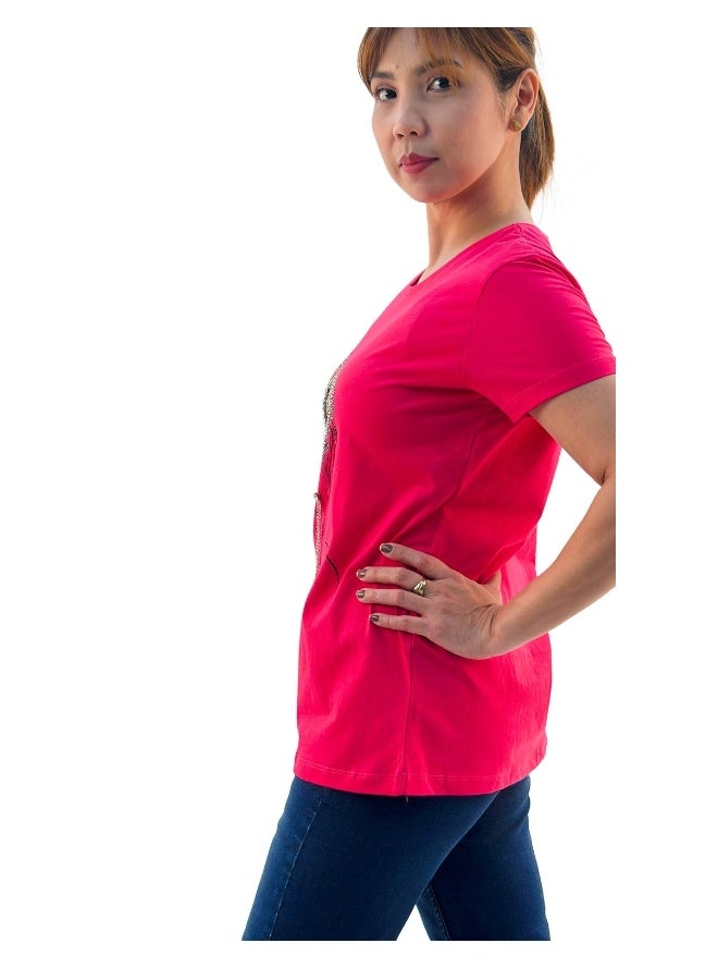 JOANNA JOANNA W203022 Women's Lady With Hair Bun Print Round Neck Short Sleeve T-Shirt - Pink - Image 2