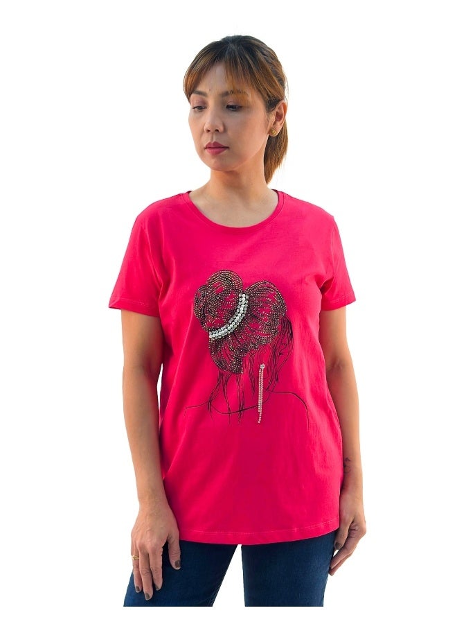 JOANNA JOANNA W203022 Women's Lady With Hair Bun Print Round Neck Short Sleeve T-Shirt - Pink - Image 1