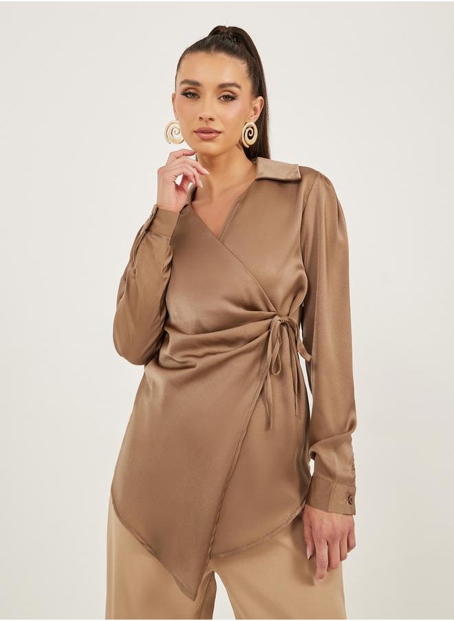 Styli - Satin Tie-Up Waist Wrap Longline Top - Image 1