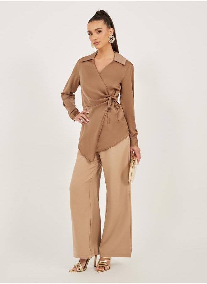 Styli - Satin Tie-Up Waist Wrap Longline Top - Image 1