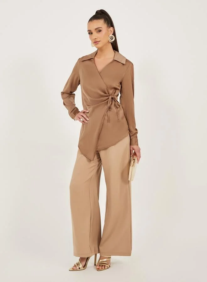 Styli Satin Tie-Up Waist Wrap Longline Top