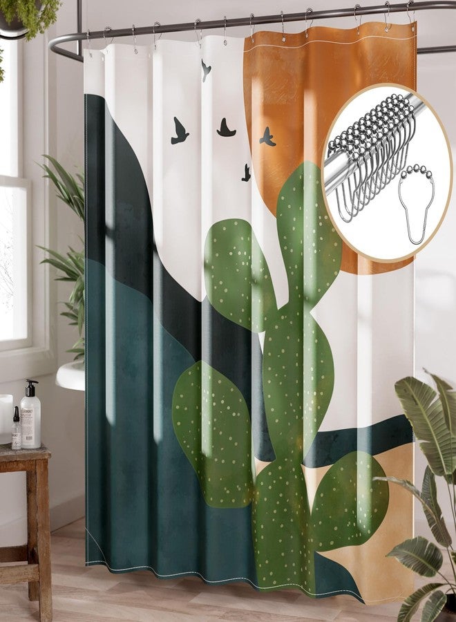 AmazerBath Boho Shower Curtain, 72x72 Washable Cloth Sage Cactus Shower Curtains for Bathroom, Fabric Rustic Neutral Shower Curtain Set with Hooks, Abstratic Modern Camper RV Dorm Stall Shower Curtain - Image 1