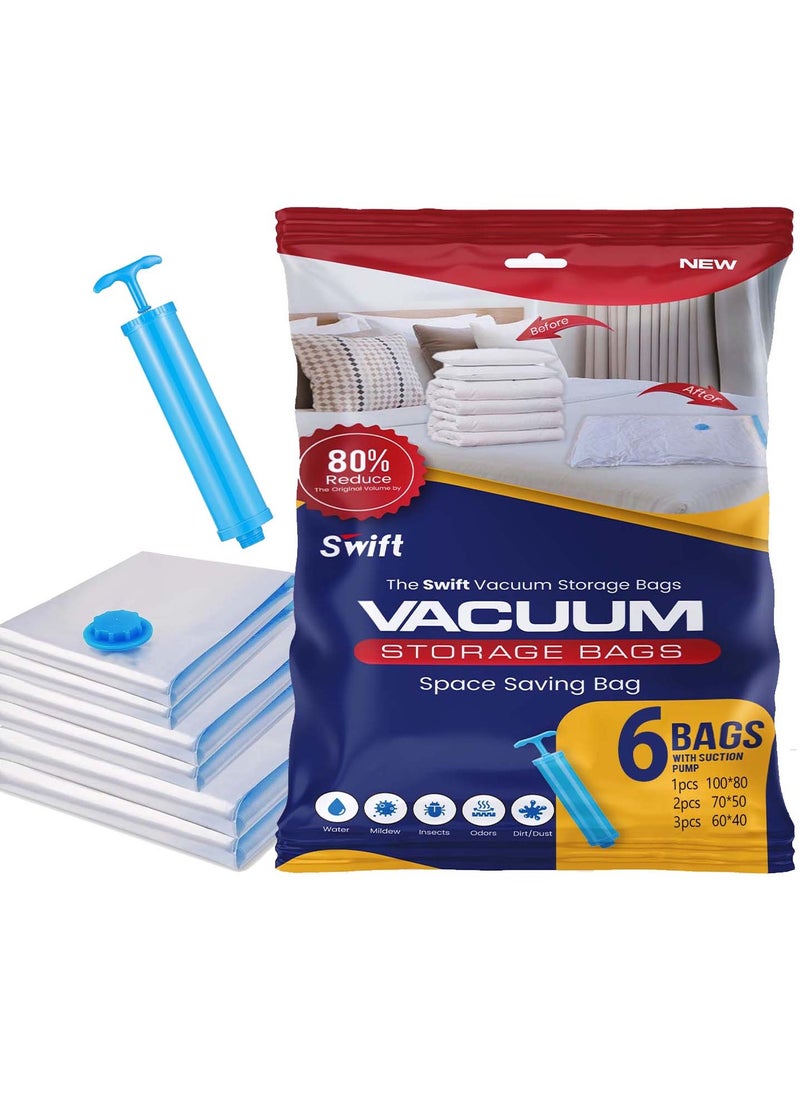 Swift 6 Pack Vacuum Storage Bags, Vacuum Bag with Pump, Space Saver Bag, Reusable Vacuum Compression Bags for Packing Clothes, Blankets, Duvet, Pillows, Travel  - Image 1