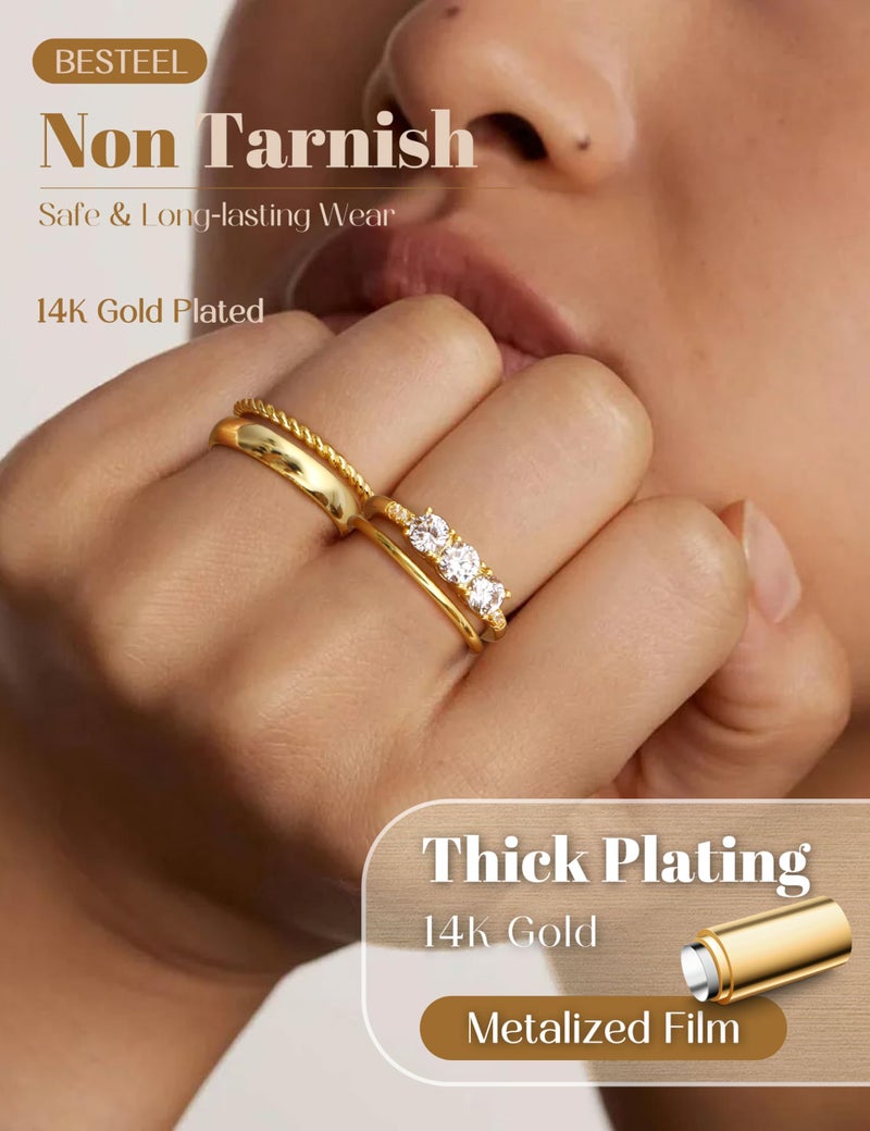 Besteel Gold Rings for Women - Non Tarnish 14K Gold Plated Stackable Rings, Dainty Cubic Zirconia Thin Thumb Ring Set, Trendy Statement Promise Wedding Bands Engagement Ring for Women Size 6-10 - Image 3