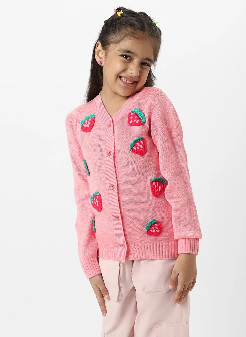 Nautinati Nautinati Girls Peach Strawberries Embroidered Full Sleeves Acrylic Cardigan Sweater