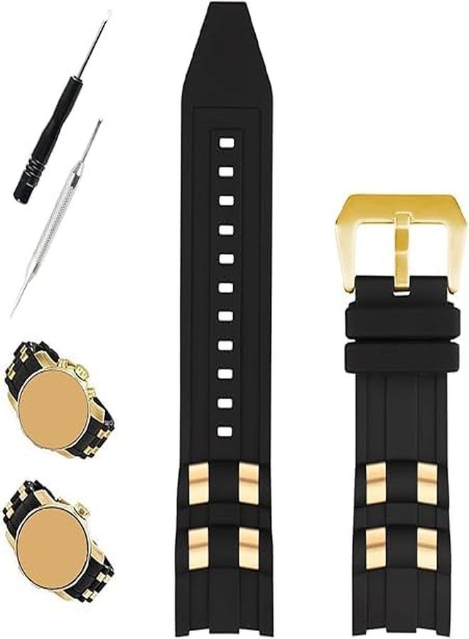 XIW Compatible for 26mm Invicta Pro diver Rubber Watch Band With Silver/Golden Insert Replacement for men Silicone Wirstband Strap women Bracelet (Black Band Golden Buckle) - Image 1