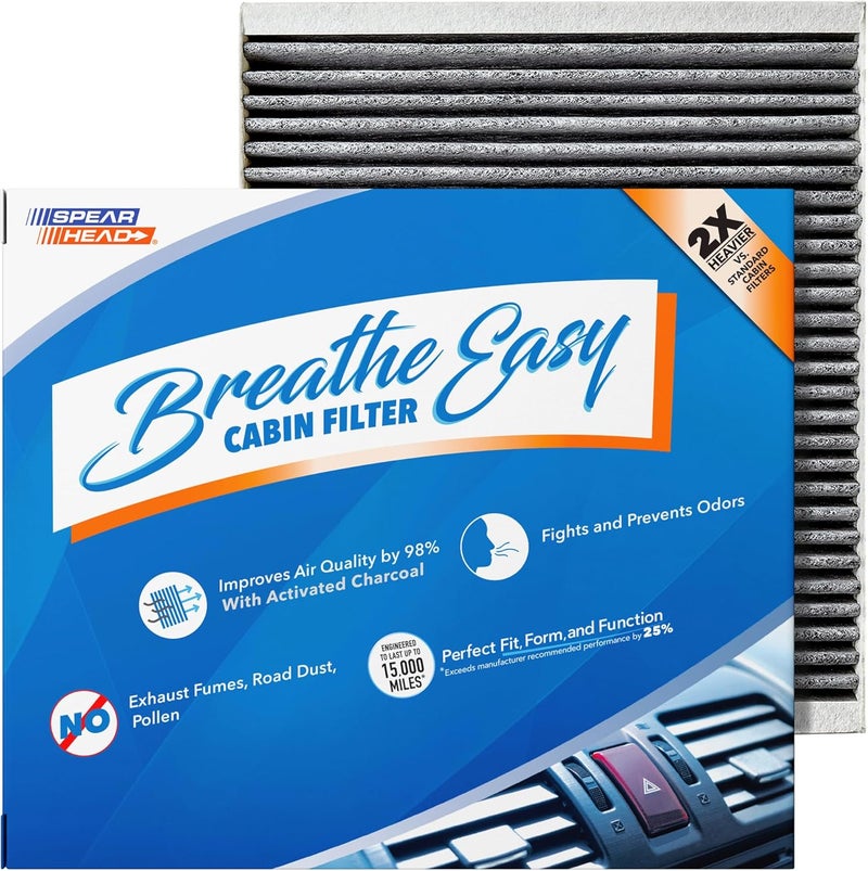 SPEARHEAD Odor Defense Breathe Easy AC & Heater Cabin Filter, Fits Like OEM, Up to 25% Longer Lasting w/Activated Carbon (BE-966) - Image 1