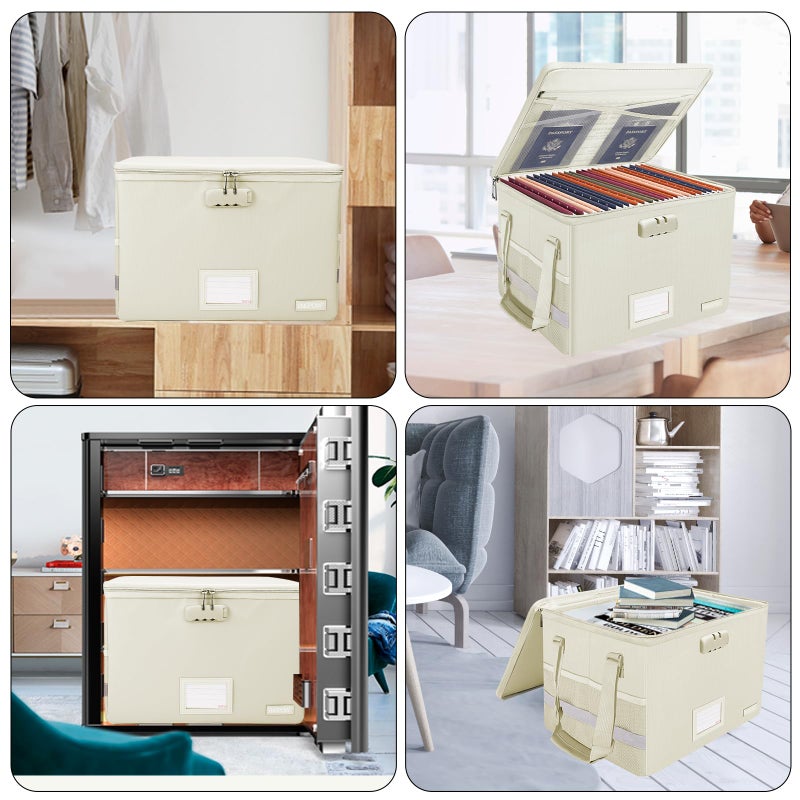ENGPOW File Box with Lock, Fireproof Document Box with Zipper Lid, Collapsible File Storage Organizer Filing Cabinet with Handles, Portable Home Office Safe for Hanging Letter/Legal Folders, Beige - Image 2