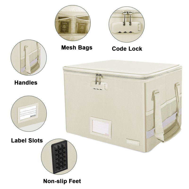 ENGPOW File Box with Lock, Fireproof Document Box with Zipper Lid, Collapsible File Storage Organizer Filing Cabinet with Handles, Portable Home Office Safe for Hanging Letter/Legal Folders, Beige - Image 3