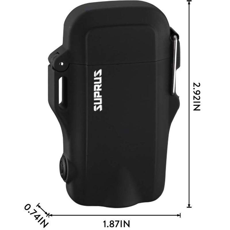 SUPRUS Waterproof 3 Modes of Flashlight Windproof Lighter Dual Arc Electric Rechargeable Dual Arc Plasma Lighters with Survival Emergency Whistle and Lanyard