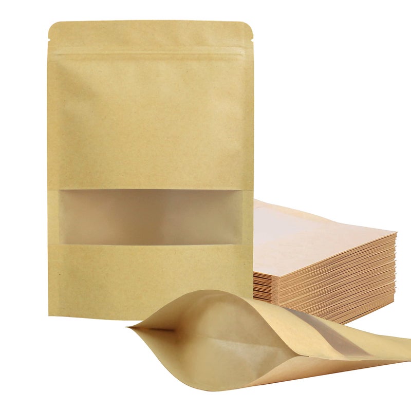 100 Pcs Resealable bags59 x 86 Stand Up Kraft Paper Bags with Matte Window Zip Lock Food Storage Bags for Packaging Products Reusable Sealable