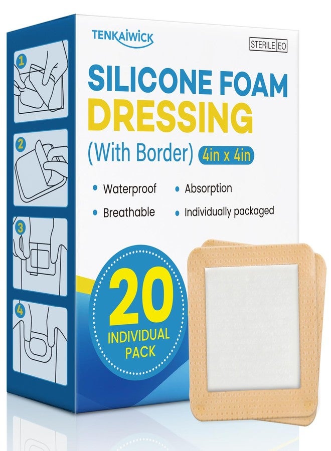 TENKAIWICK 20 Pack Silicone Foam Dressing 4"x4" with Adhesive Border, High Absorbency Silicone Bandages, Waterproof Foam Bandages for Wounds Care, Bed Sore, Diabetic Foot Ulcers - Image 1