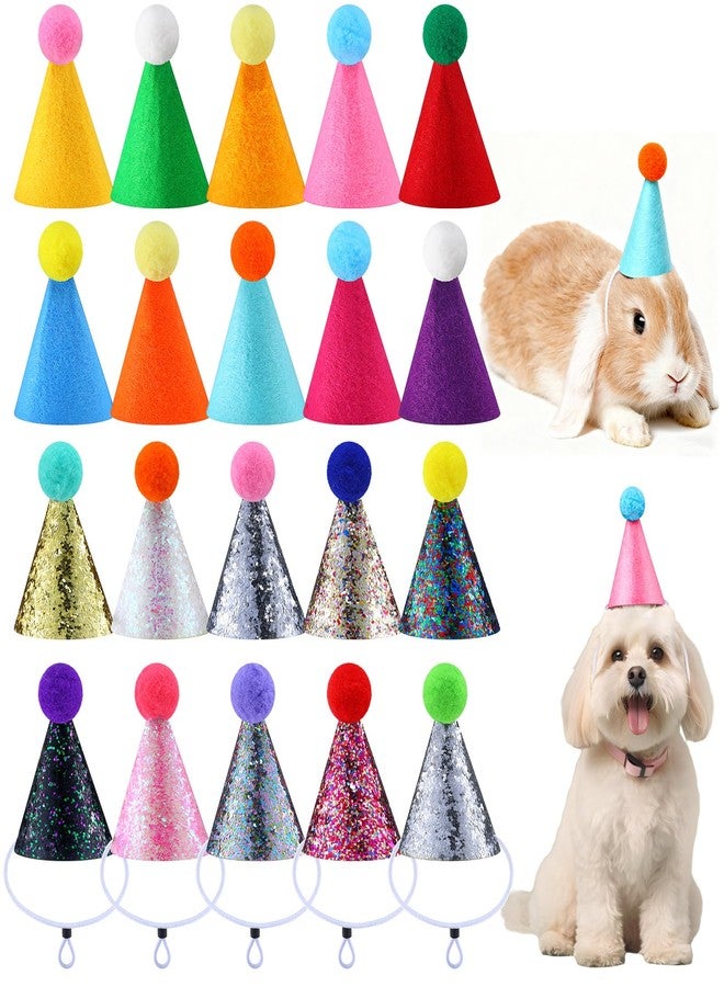 Tegeme 20 Pcs Mini Party Hats for Stuffed Animals Felt Glitter Birthday Party Cone Hats Multicolor Tiny Hat with Pom Pom for Pet Dog Cat Rabbit Doll Animal Figure Assorted Decoration Costume Accessory - Image 1