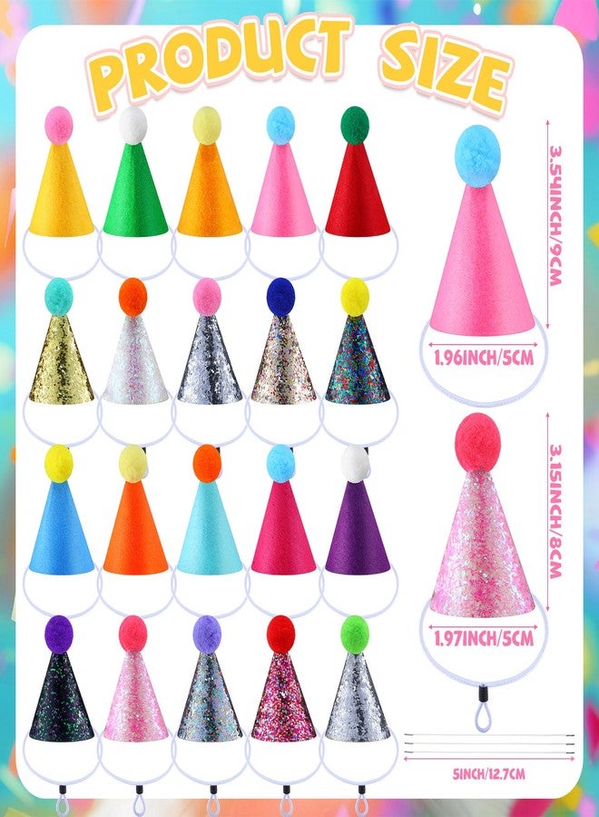 Tegeme 20 Pcs Mini Party Hats for Stuffed Animals Felt Glitter Birthday Party Cone Hats Multicolor Tiny Hat with Pom Pom for Pet Dog Cat Rabbit Doll Animal Figure Assorted Decoration Costume Accessory - Image 2