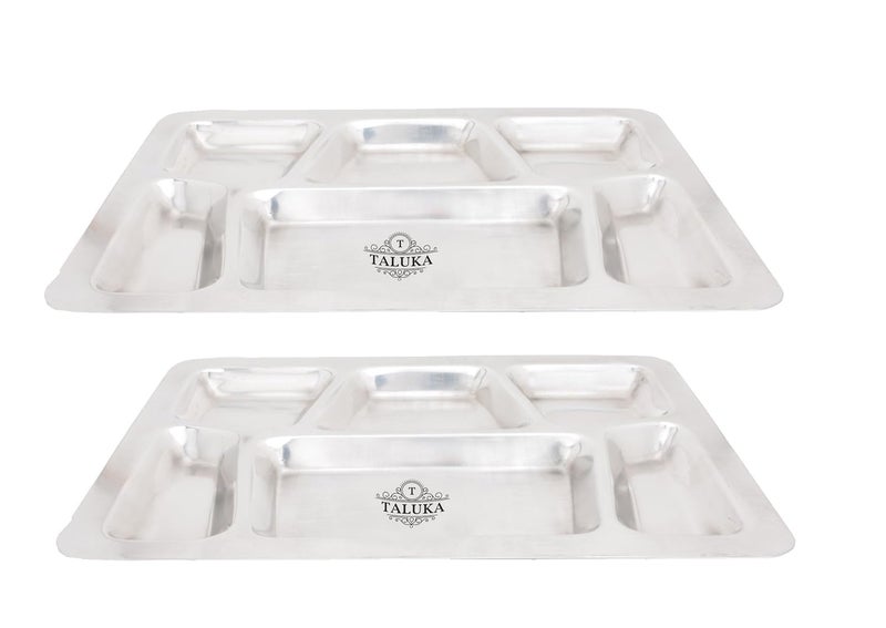 Taluka 157 x 119 in Approx Pure Stainless Steel 6 in 1 Compartment Plate Thali Bhojan Thali Steel Plate Set of 2 - Image 1