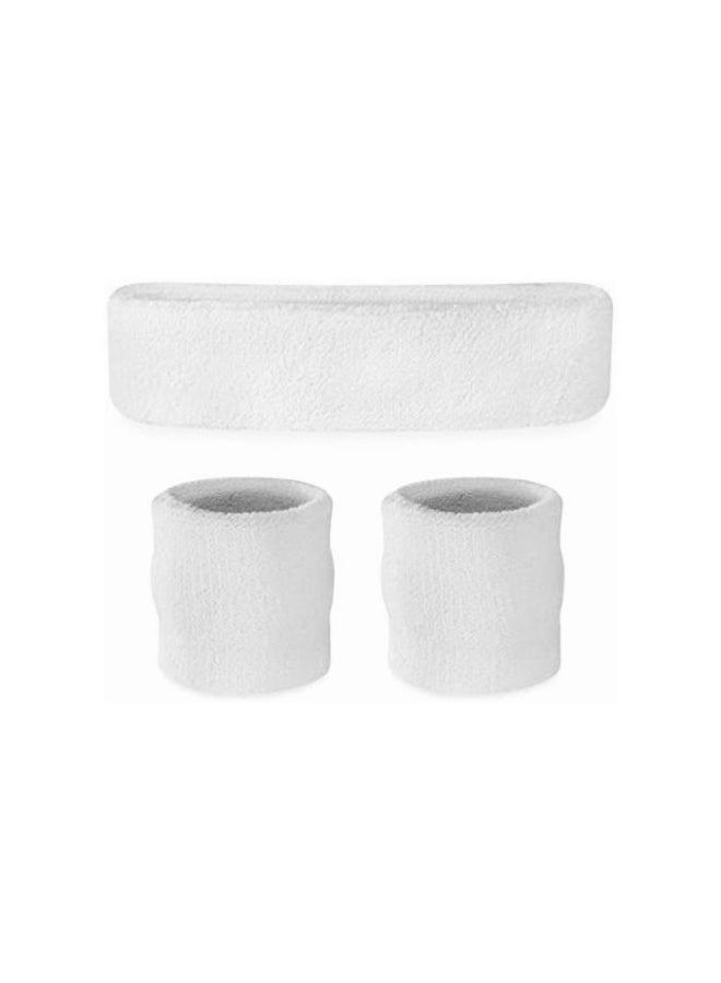 Sports Bands Set, Sweatproof Head and Wrist Bands, Moisture Wicking Terry Fabric for Workout, White - Image 1