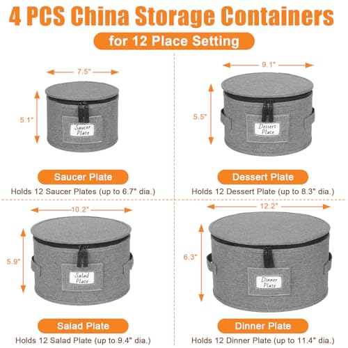 Kukikan China Storage Containers, 4 Pack Hard Shell Moving Boxes, Dish Storage Containers with Felt Dividers for Charger Plates Dinnerware, Stackable Cases for 12 Place Setting Up to 11.4" Dia. - Image 4