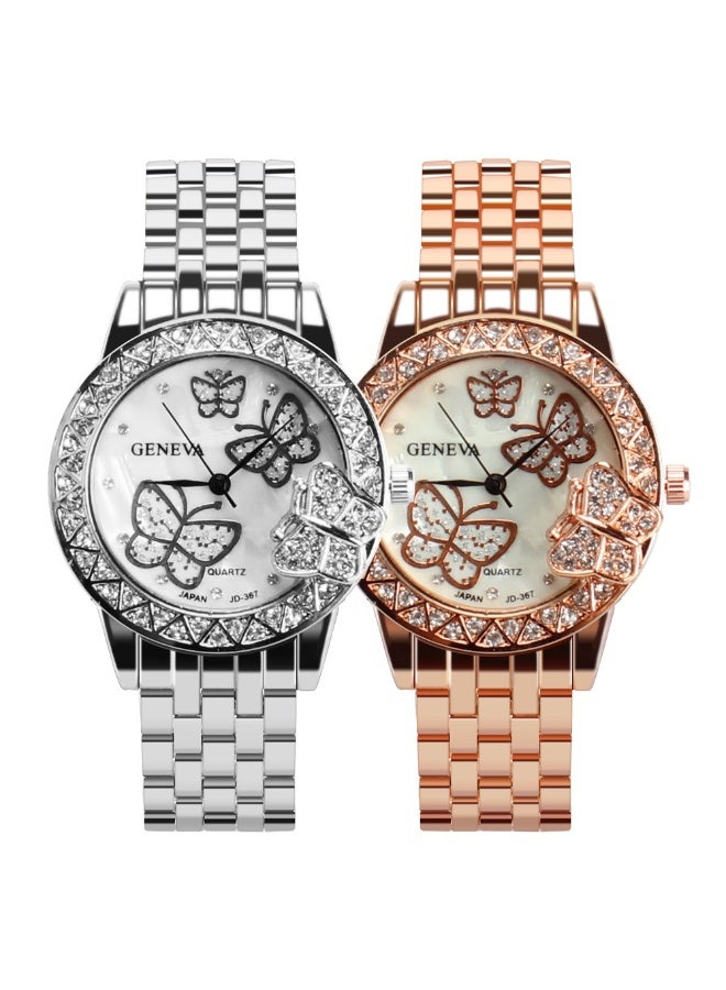 Geneva Luxury women's quartz watch with sparkling butterfly crystals, pink gold and silver bracelet - Image 1