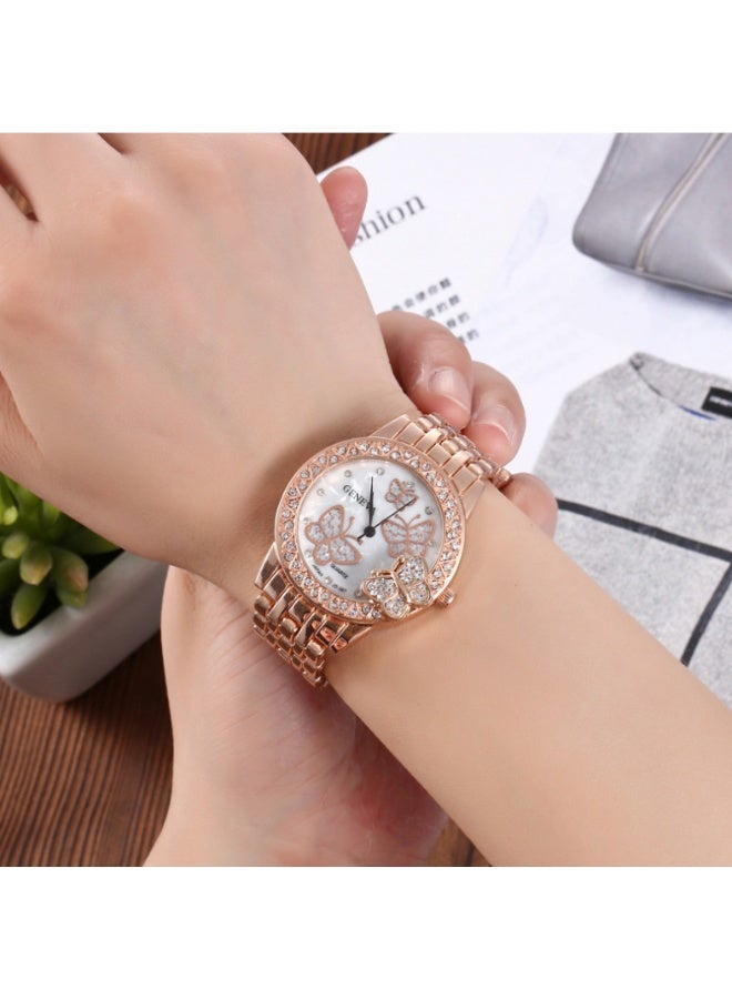 Geneva Luxury women's quartz watch with sparkling butterfly crystals, pink gold and silver bracelet - Image 2