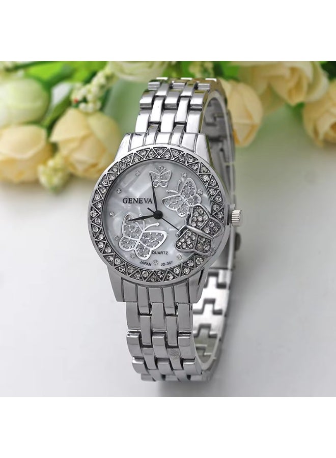 Geneva Luxury women's quartz watch with sparkling butterfly crystals, pink gold and silver bracelet - Image 3