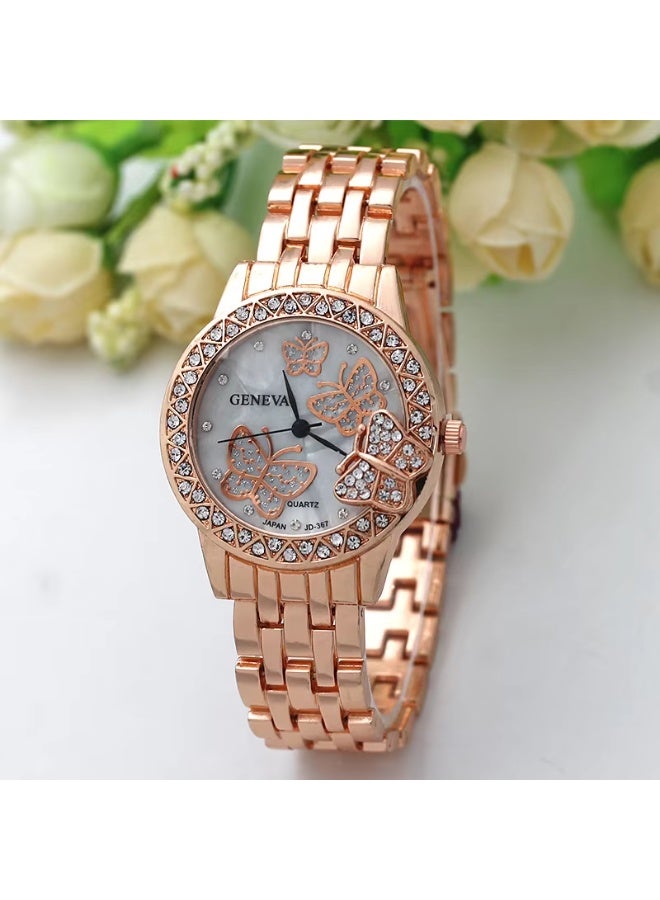 Geneva Luxury women's quartz watch with sparkling butterfly crystals, pink gold and silver bracelet - Image 4