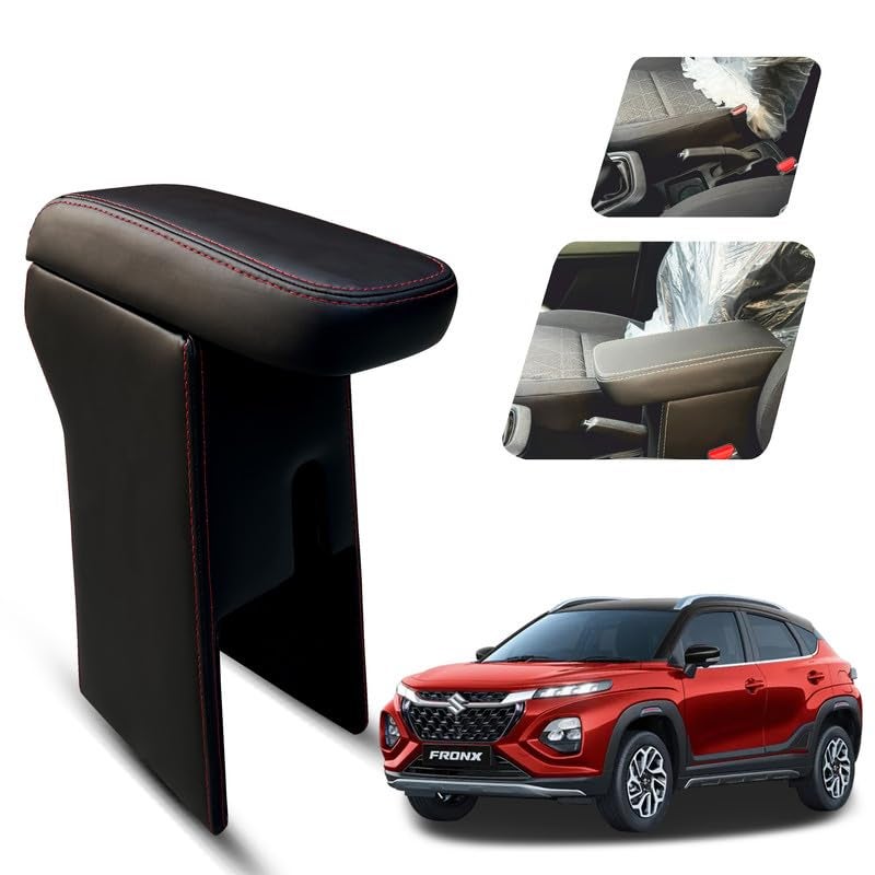 Carigiri Premium Finish Car Armrest with Storage Box And High Density Moulded Foam For Maruti Suzuki Fronx (Black With Red Double Stitching,Nappa Leatherette) - Image 1