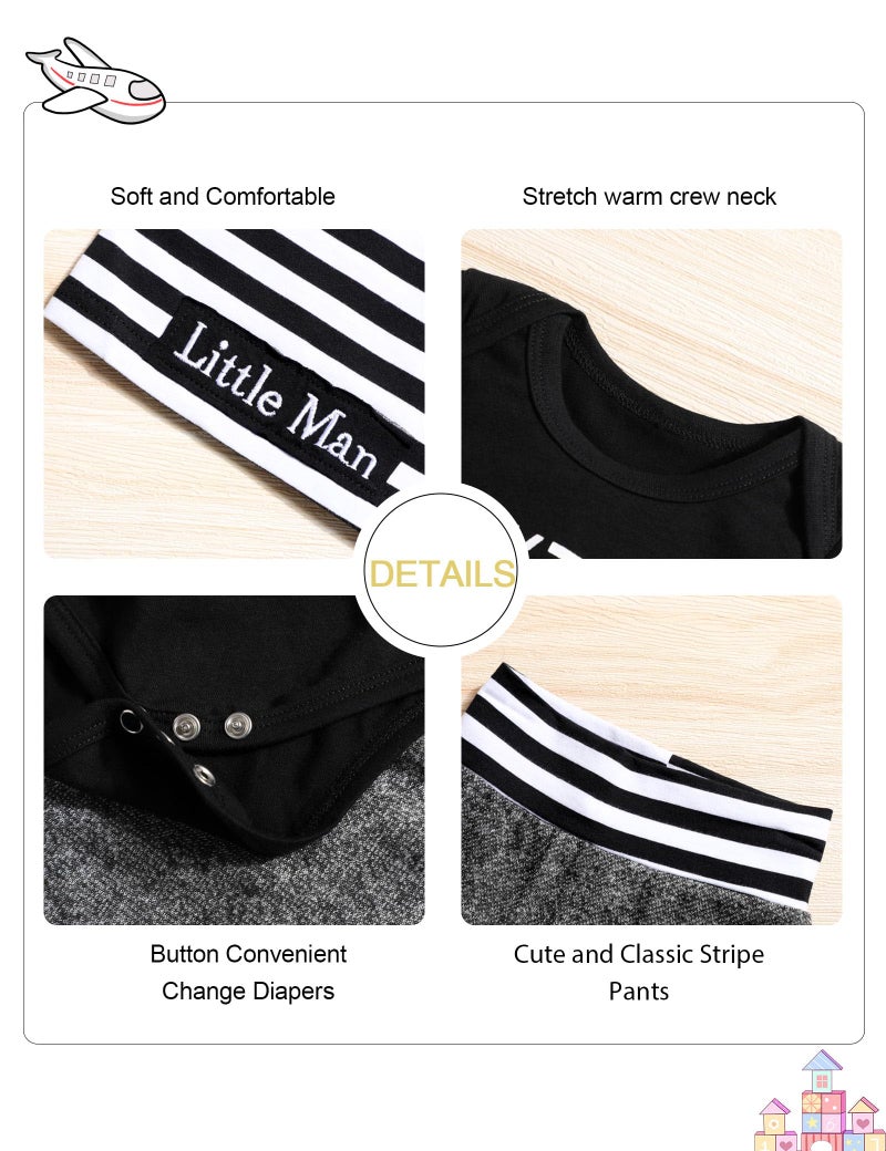 Fommy Baby Boy Clothes 0-3 Months Infant Outfits New to The Crew Long Sleeve Romper+ Little Man Pants+ Striped Hat 3PCS Baby Boy Fall Winter Outfit Set - Image 5