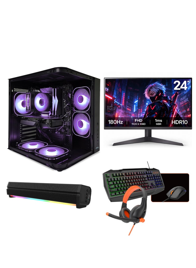 عرب جيمرز حزمة كمبيوتر ألعاب متكاملة - معالج Intel Core i5-14400F، بطاقة رسومات NVIDIA GeForce RTX 5060 8GB، ذاكرة وصول عشوائي 16GB، قرص صلب 1TB NVMe SSD، شاشة FHD 24 بوصة 180 هرتز، لوحة مفاتيح، ماوس، سماعة رأس ومكبر صوت RGB، ويندوز 11 برو، أسود - Image 1